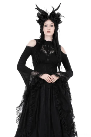 Black baroque lace off-shoulder top with bell sleeves front view on model wearing gothic horn headpiece