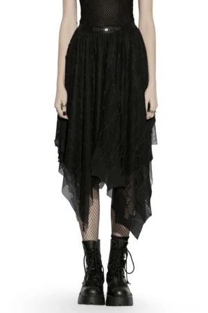Black bat wing asymmetrical mesh midi skirt front view with handkerchief hemline showing layered sheer mesh construction