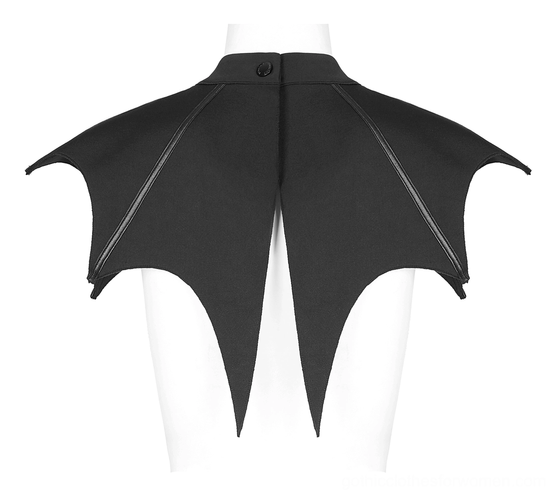 Black gothic bat cape back view on mannequin displaying button collar closure