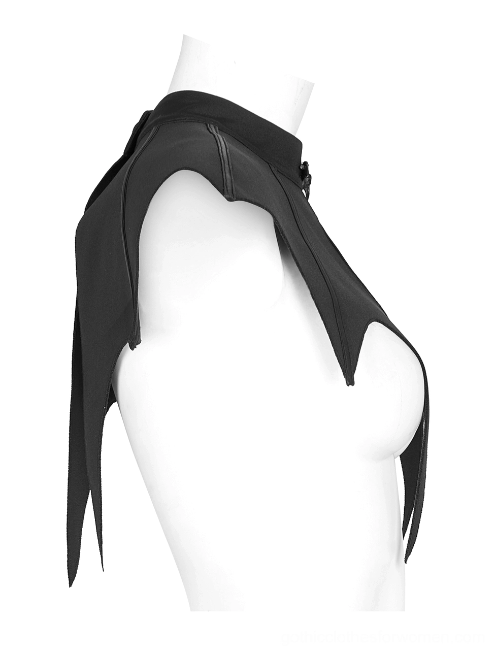Black bat cape side profile showing fitted shoulder construction and wing design