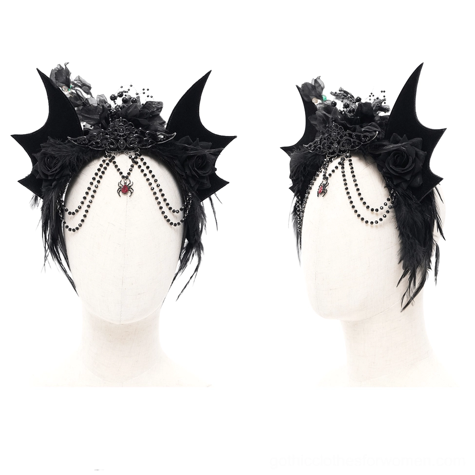 Black bat crown with black roses, red gemstone bead chain, and feathers on mannequin front view