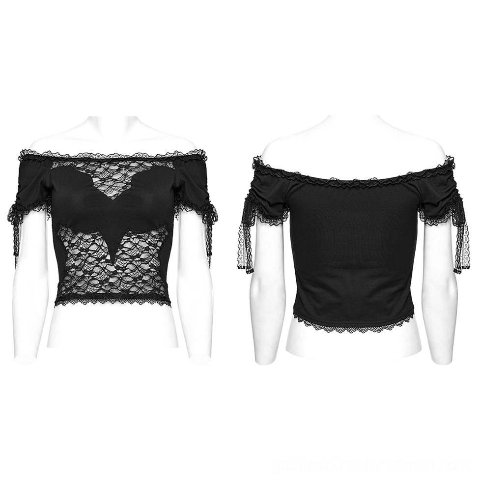Black bat lace off-shoulder crop top front and back dual mannequin display with scalloped lace trims