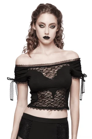 Black bat lace off-shoulder gothic crop top front view with tie-up sleeves on model with gothic makeup
