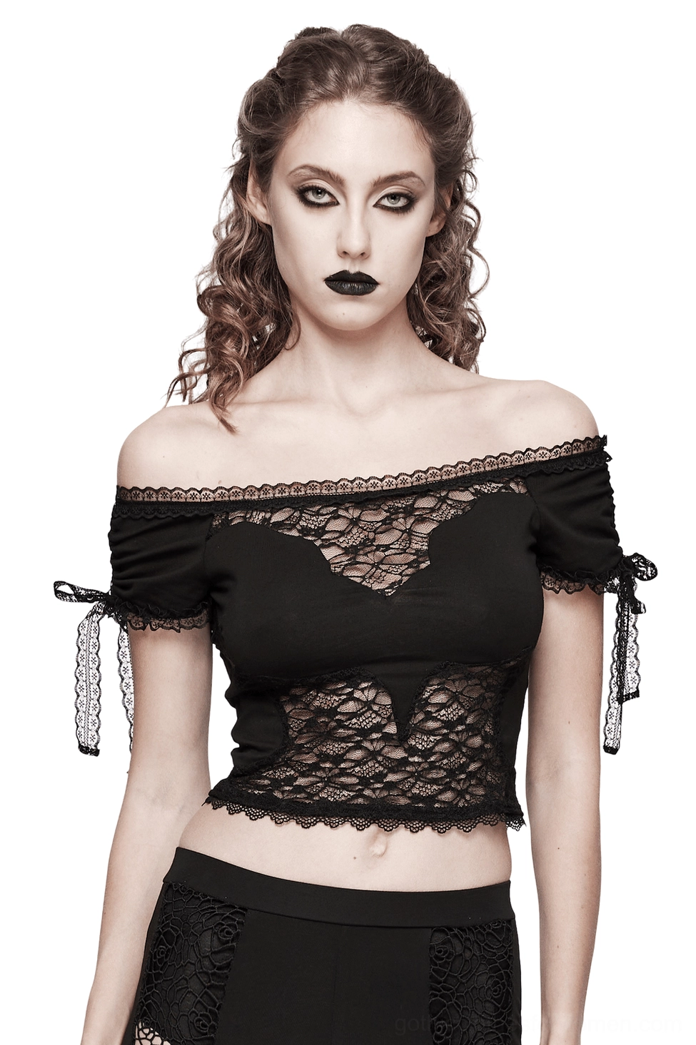 Black bat lace off-shoulder gothic crop top front view with tie-up sleeves on model with gothic makeup