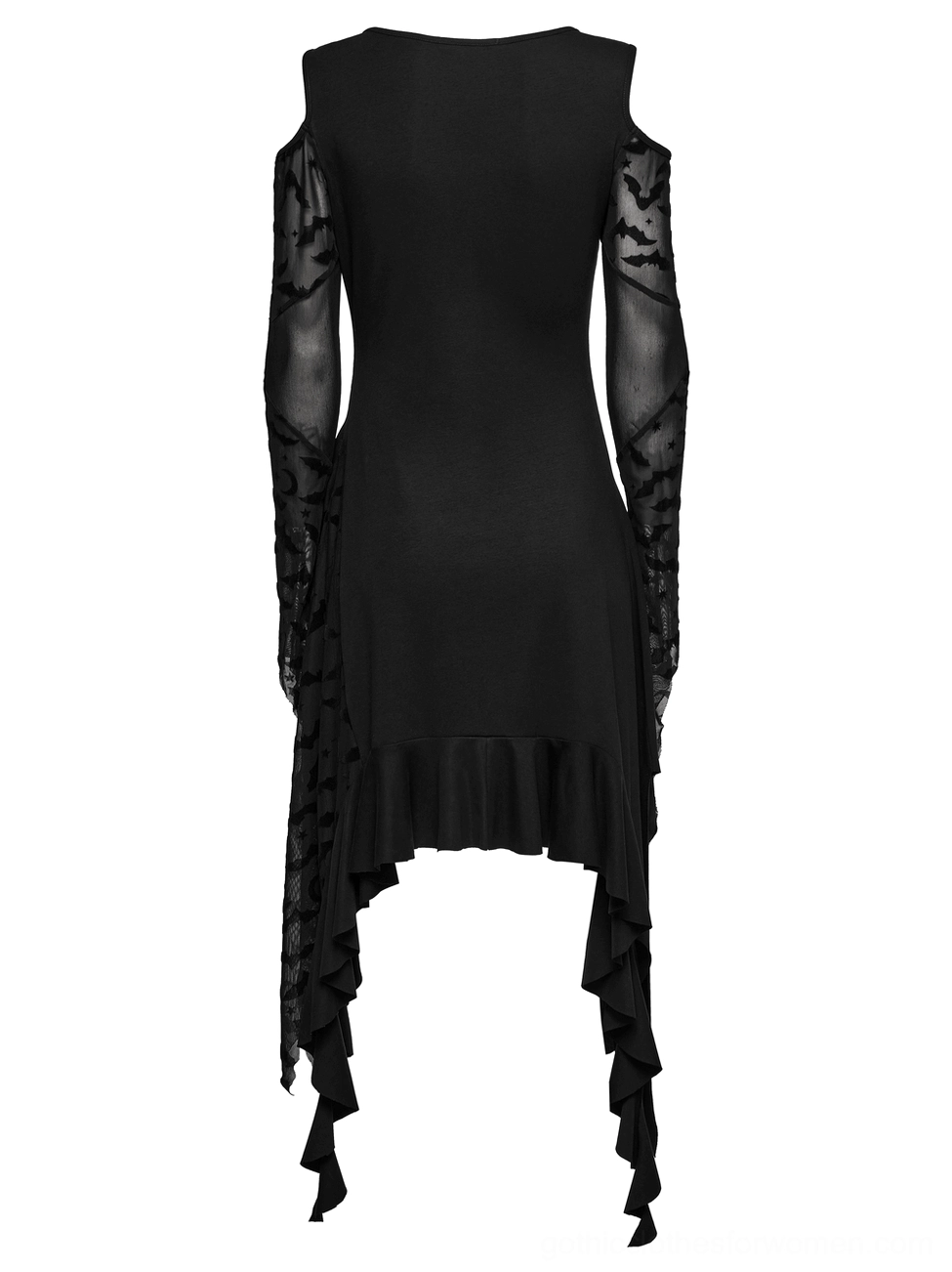 Full back flat view of black gothic bat dress highlighting cold-shoulder mesh sleeves, ruffled back hem, and fitted waist construction