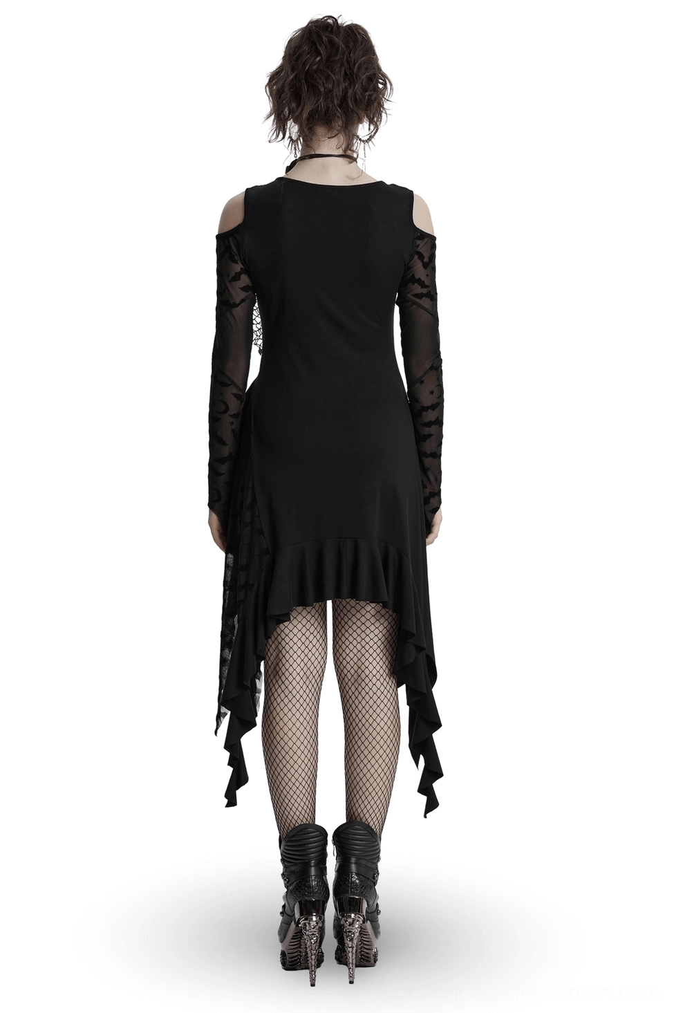 Full back view of black gothic bat mesh dress showing cold-shoulder cut, draped irregular hem, and fitted silhouette on fashion model
