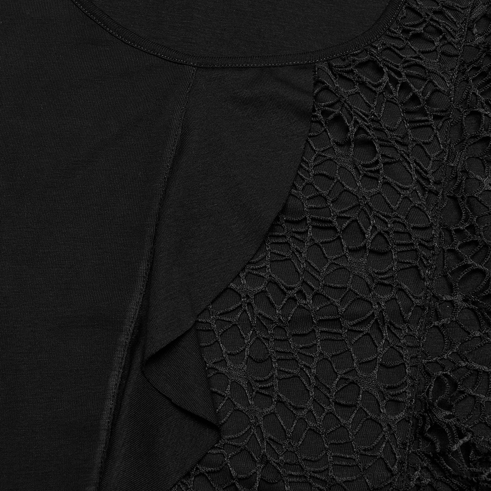 Close-up of black bat mesh gothic dress fabric showing spiderweb lace texture, soft knit material, and stitched seam construction