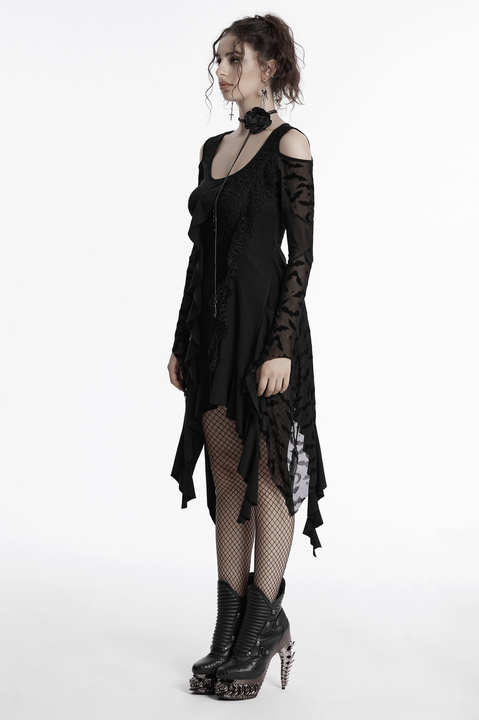 Size fit reference for black gothic bat mesh dress showing how garment drapes and fits on model body