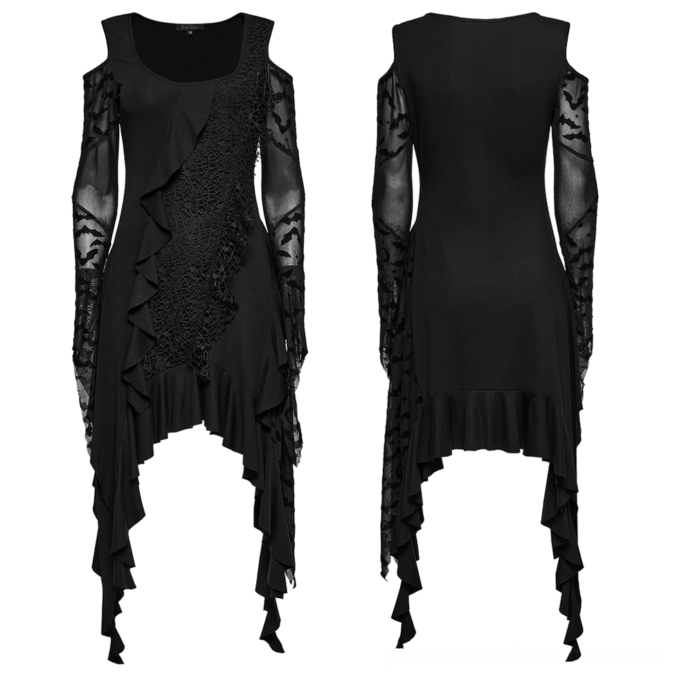 Front and back flat lay comparison of black bat mesh gothic dress with sheer sleeves, spiderweb lace panels, and asymmetrical hemline