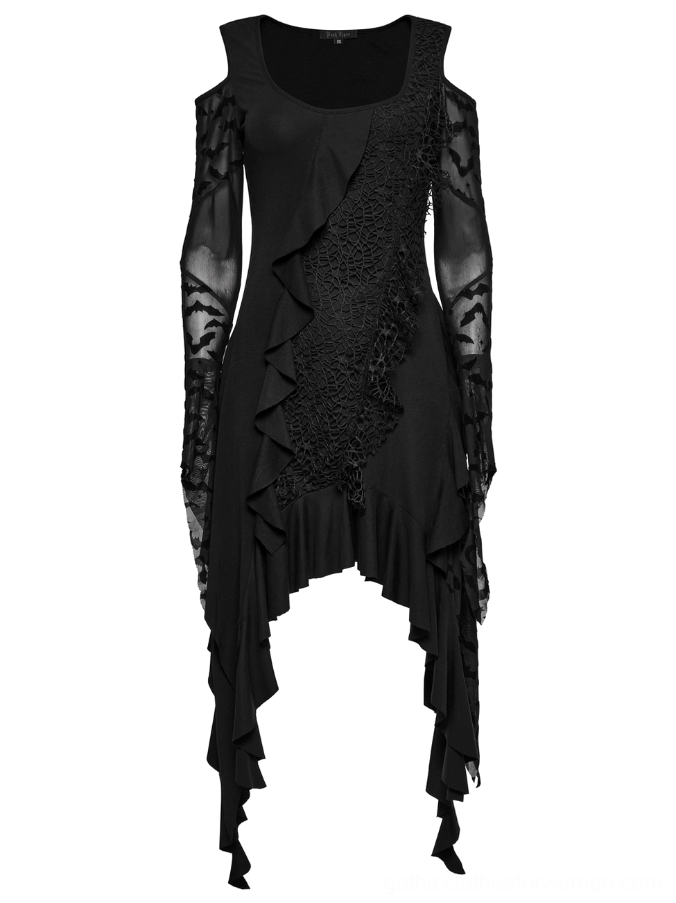 Front flat shot of black gothic bat dress showing cold-shoulder neckline, ruffled front panel, and slim-fitting silhouette