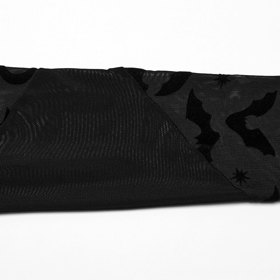 Black bat mesh cold-shoulder gothic dress full product shot showing overall silhouette, bat print detail on mesh panels, and asymmetrical cut