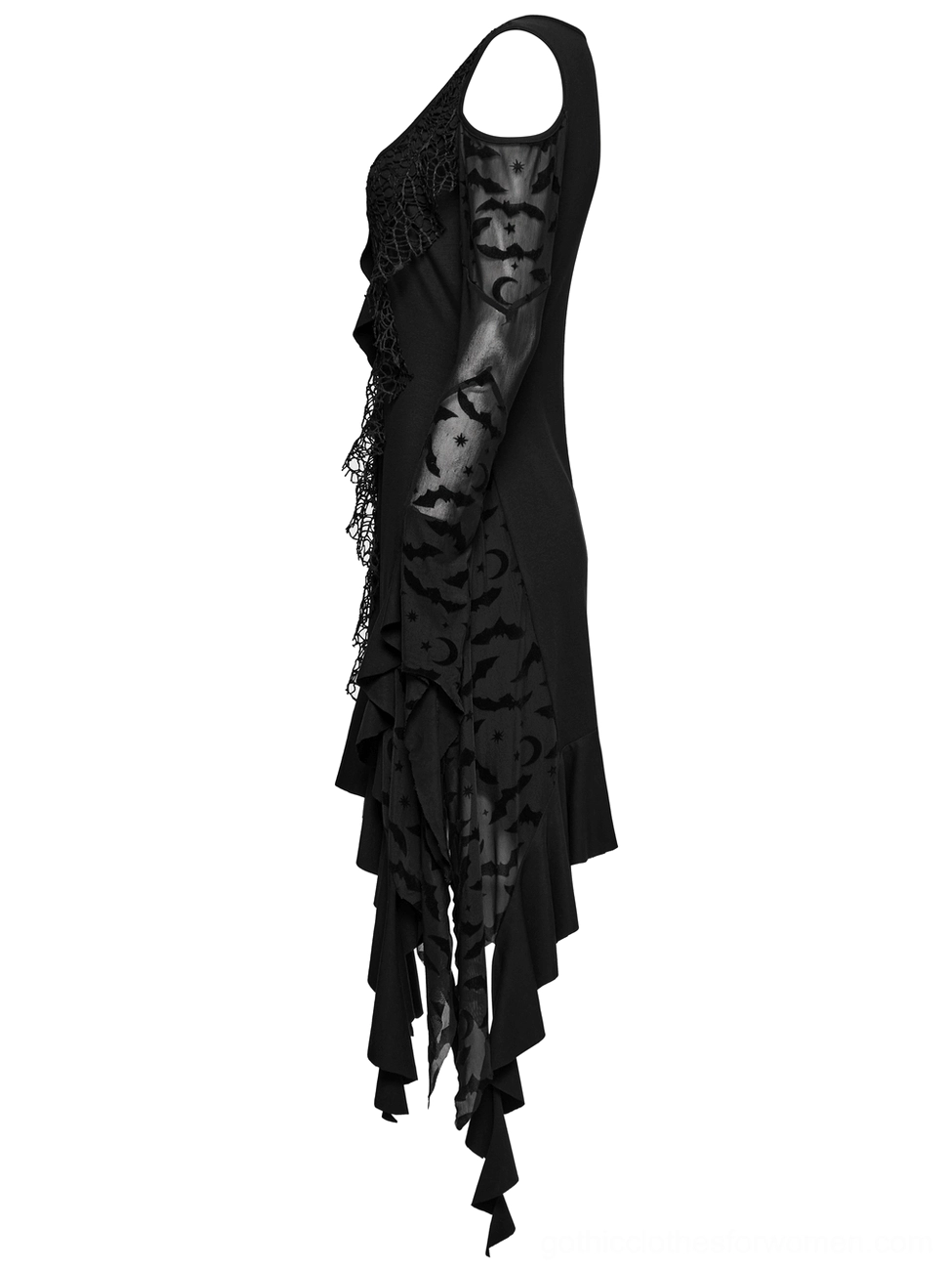 Three-quarter side-back view of black bat mesh gothic dress displaying bat-printed mesh sleeves, draped irregular hem, back cutout detail