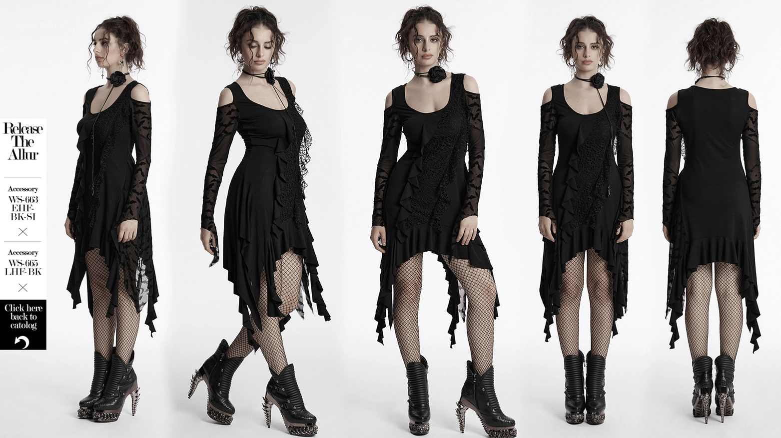 Detail view of black gothic bat dress mesh sleeves, cold-shoulder construction, and draping movement of asymmetrical hem