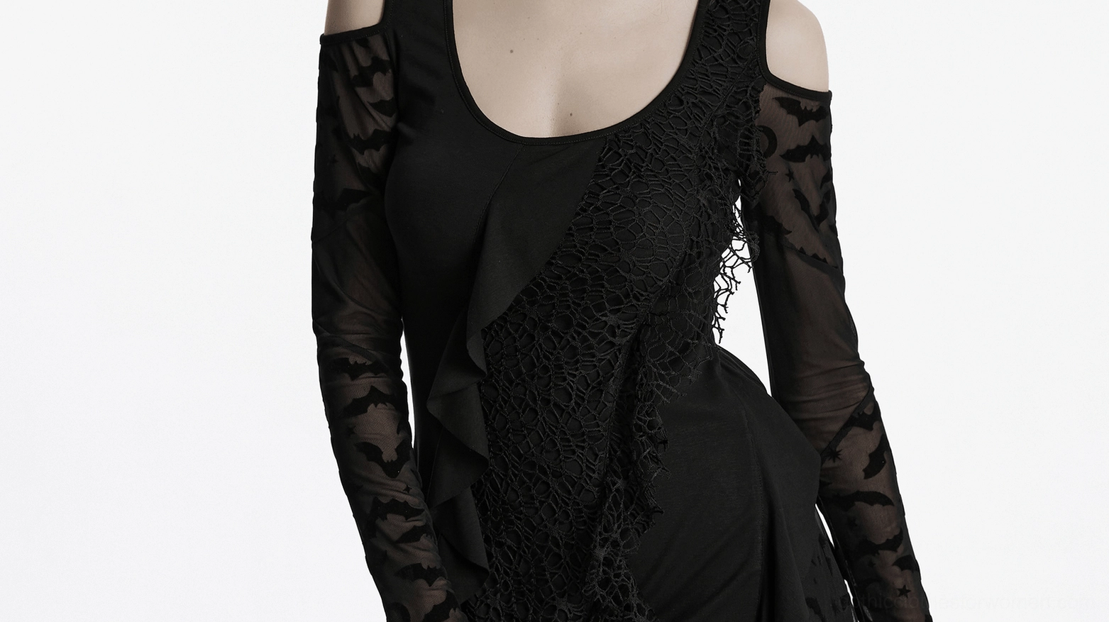 Styling inspiration for black gothic bat mesh dress worn with accessories and gothic fashion elements