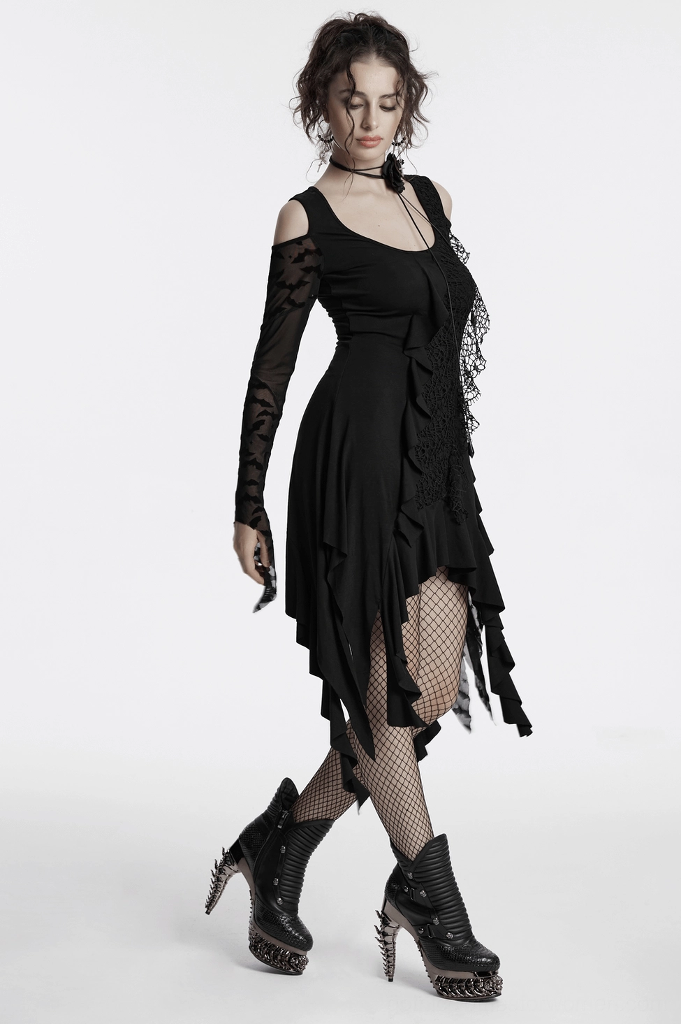 Black bat mesh gothic cold-shoulder dress worn styling option with recommended footwear and accessories pairing