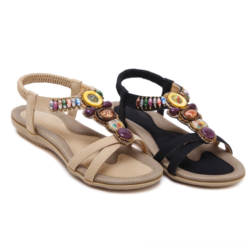 Two pairs of beaded gothic sandals in black and beige, showing color comparison and gemstone embellishment details
