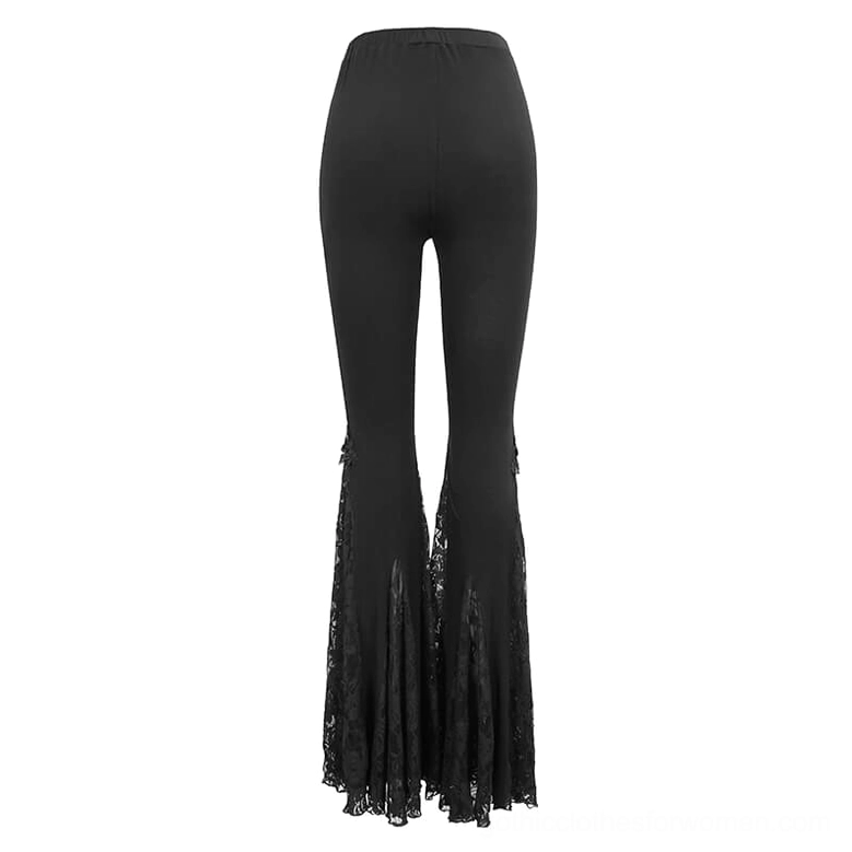 Back view flat product shot of black high-waisted bell-bottomed leggings showing lace trim with cross metal decorative elements