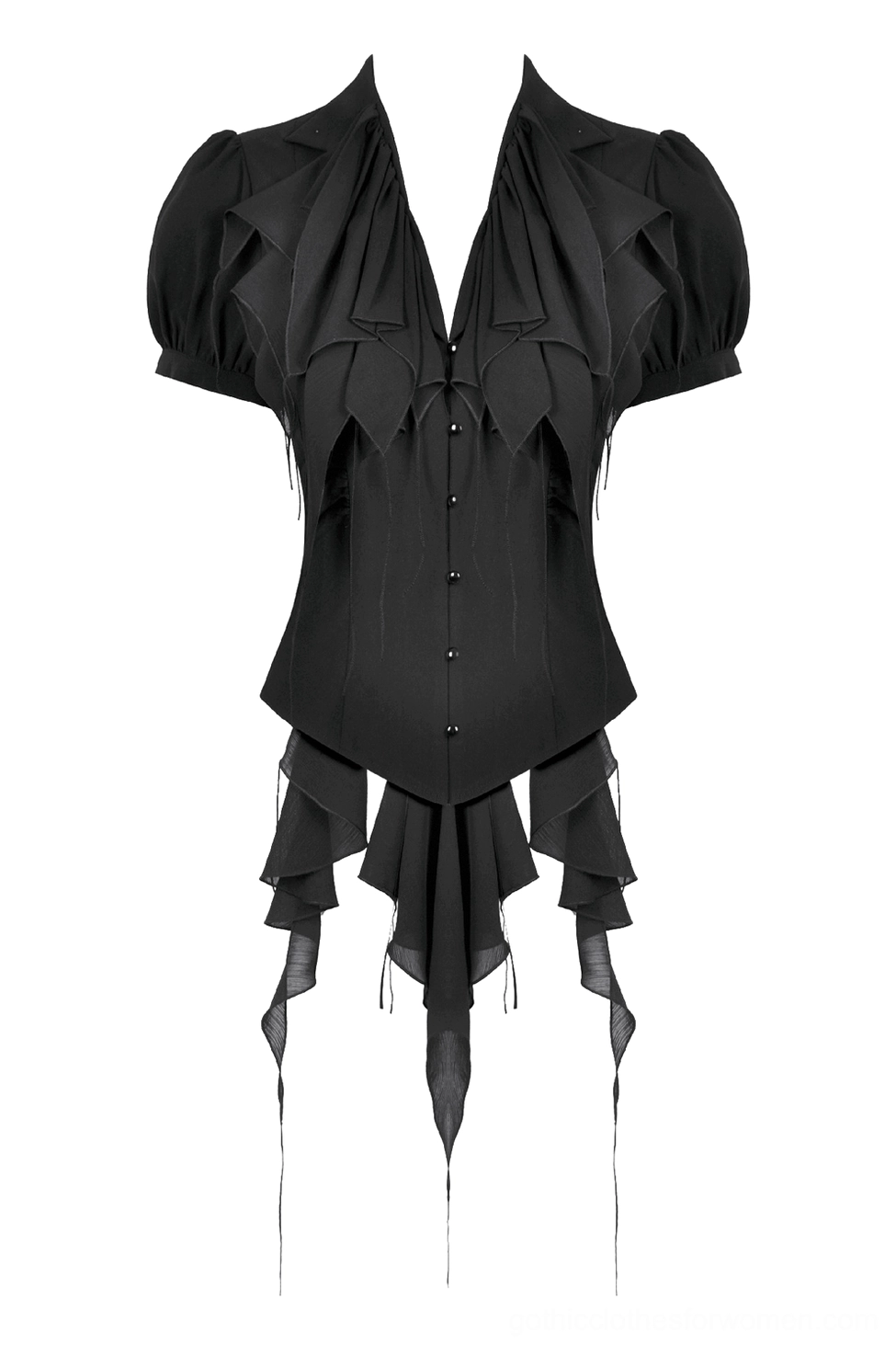 Victorian gothic black blouse front flat lay with pointed ruffled collar detail
