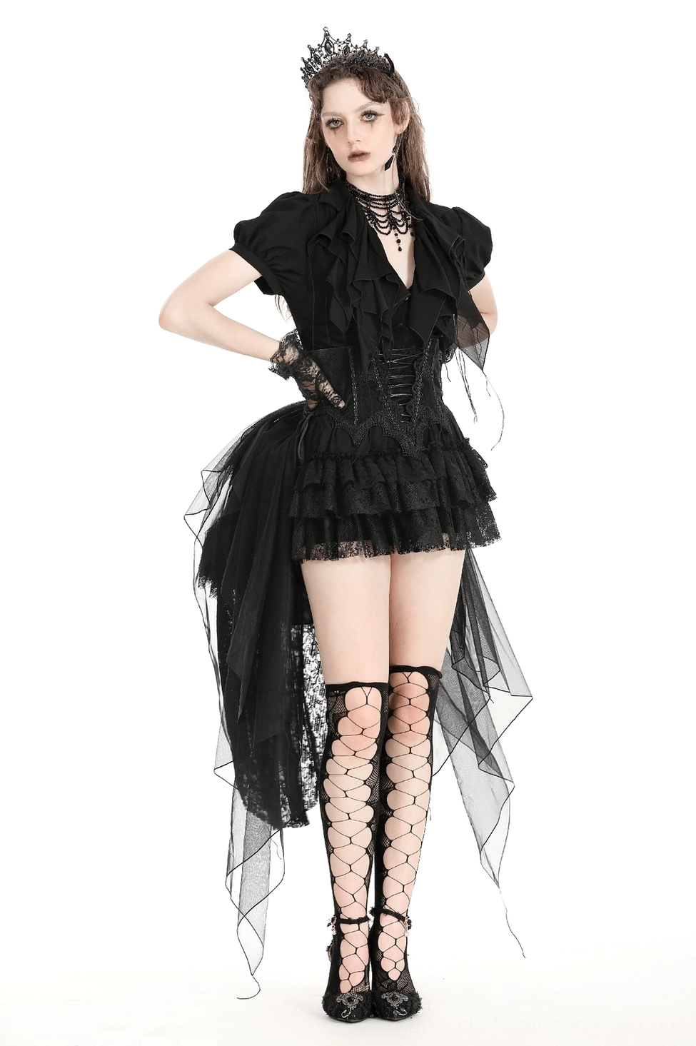 Black gothic blouse layered ruffle construction front detail view