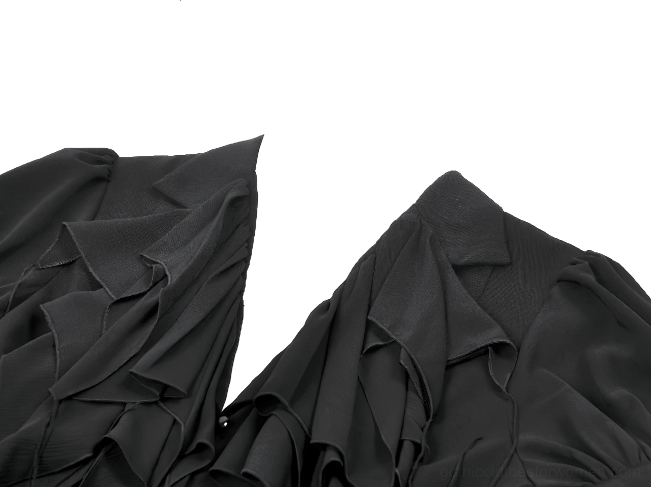 Close-up detail of black gothic blouse chiffon ruffled layered collar texture