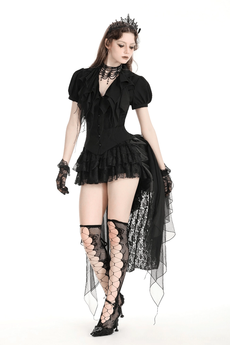 Black victorian corset blouse v-neckline and ruffled collar detail view