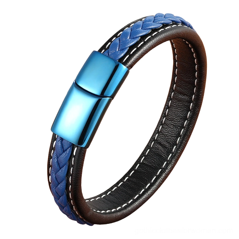 Color-block black and blue leather gothic bracelet with stainless steel hook clasp