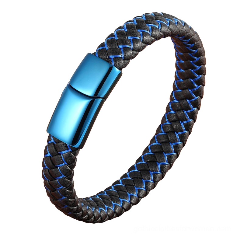 Mixed black and blue braided leather gothic bracelet with stainless steel closure