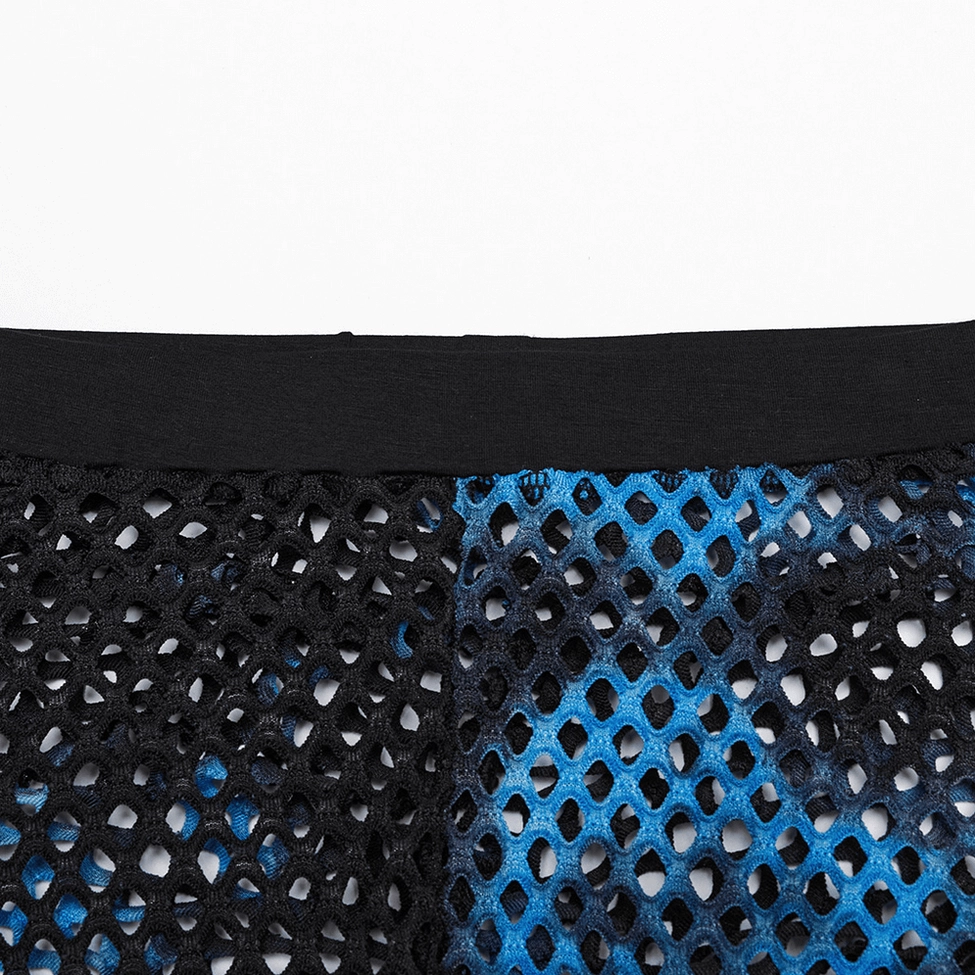 Black-blue tie-dye fishnet gothic leggings extreme close-up of diamond-shaped mesh with blue tie-dye print