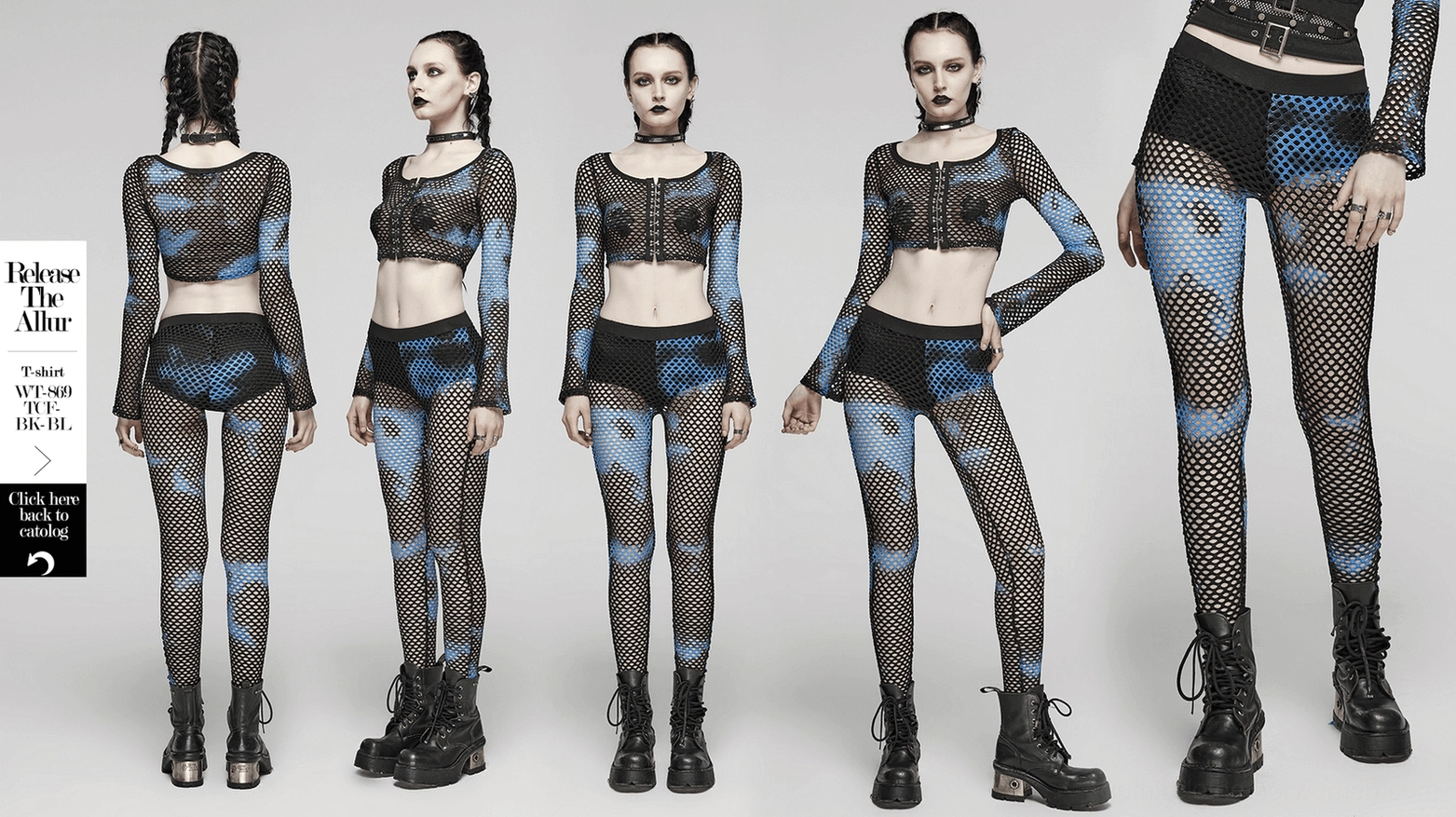 Black-blue tie-dye fishnet gothic leggings hero shot capturing the essence of alt-goth aesthetic with tie-dye design
