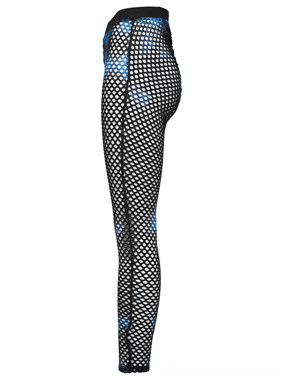 Black-blue tie-dye fishnet gothic leggings front view featuring unique abstract blue tie-dye mesh pattern
