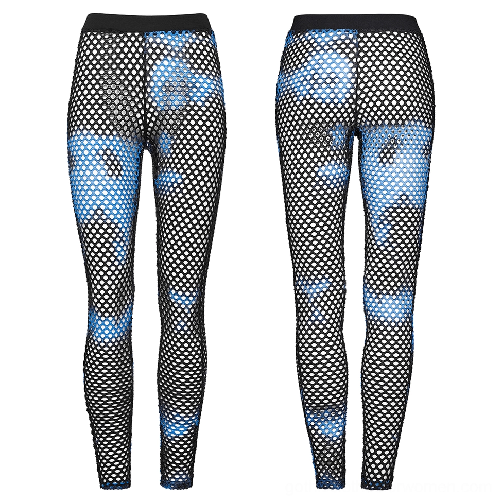 Black-blue tie-dye fishnet gothic leggings product shot front view with abstract blue pattern detail