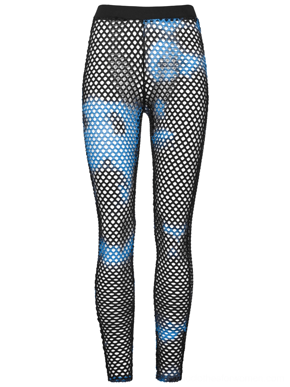 Black-blue tie-dye fishnet gothic leggings side view showing slim-fitting full-length silhouette