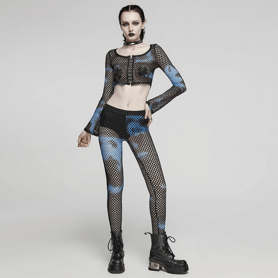 Black-blue tie-dye fishnet gothic leggings on model demonstrating versatile goth and grunge styling options