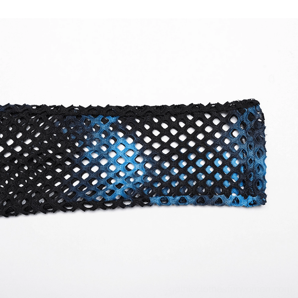 Black-blue tie-dye fishnet gothic leggings upper portion flat lay showing solid black waistband and fishnet transition