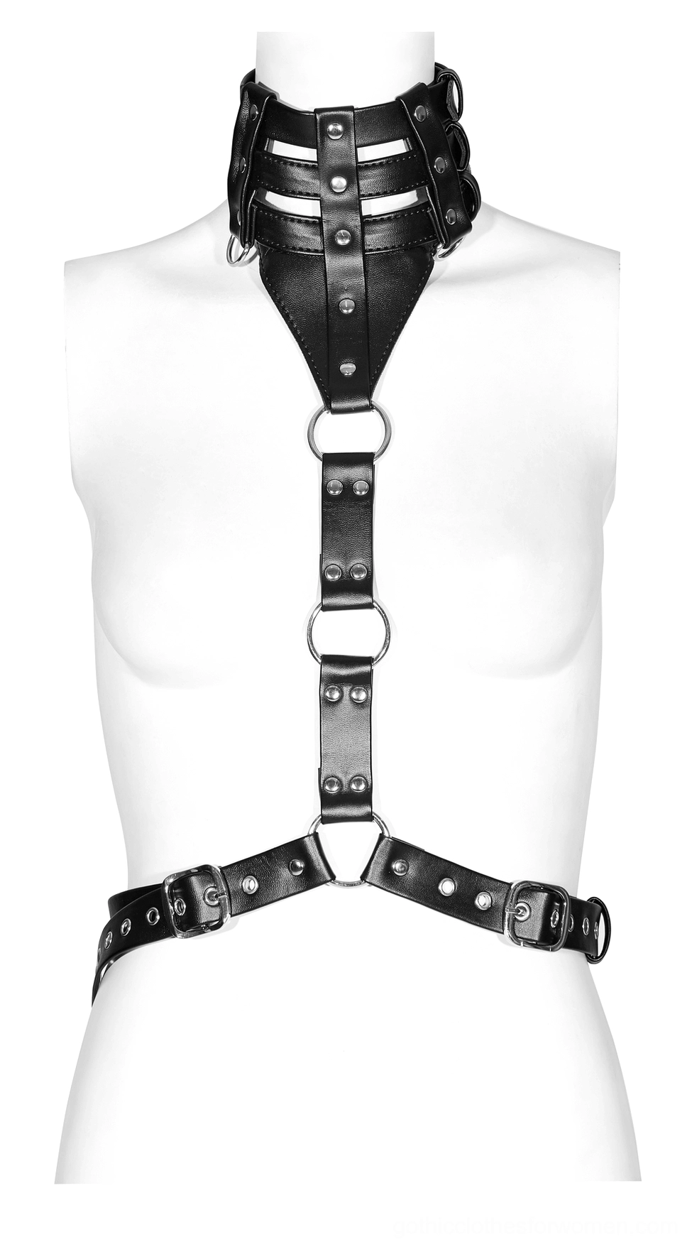 Black body harness back view on mannequin showing layered back waist buckle strap construction and metal rivets