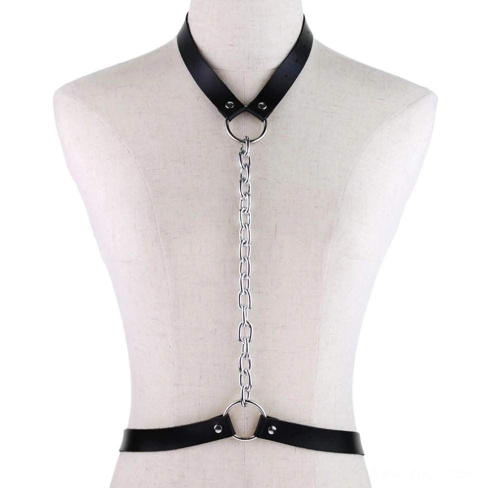Black vegan leather body harness with silver metal chain and O-ring connectors, mannequin display front view