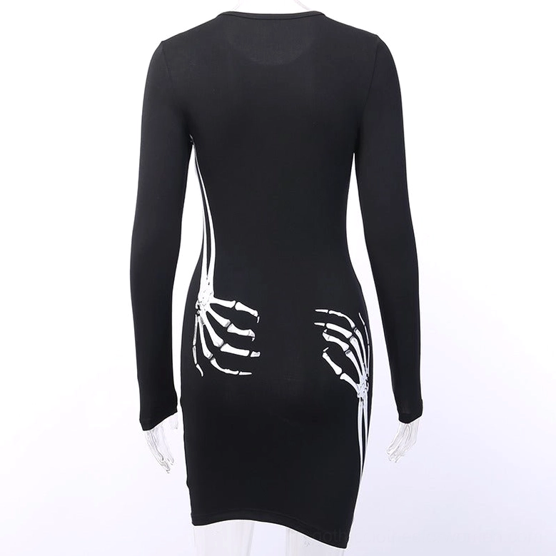 Back view of black gothic mini dress on mannequin displaying the rear silhouette and skeleton hand graphic placement