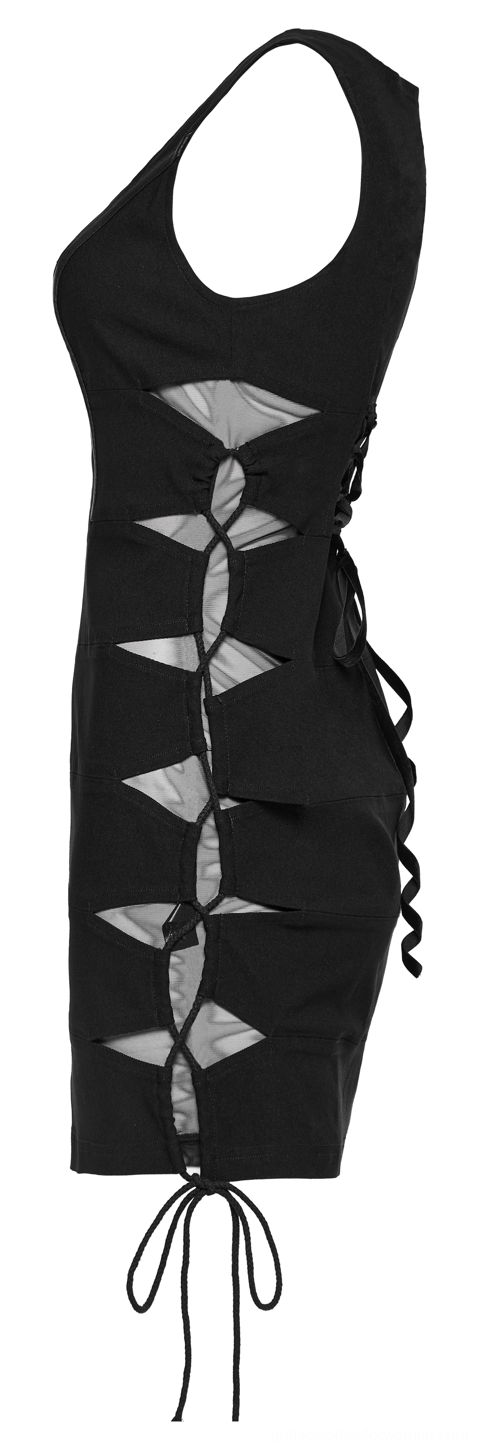 Black bodycon mini dress side view flat lay featuring mesh lace-up panel inserts and adjustable drawstring hem