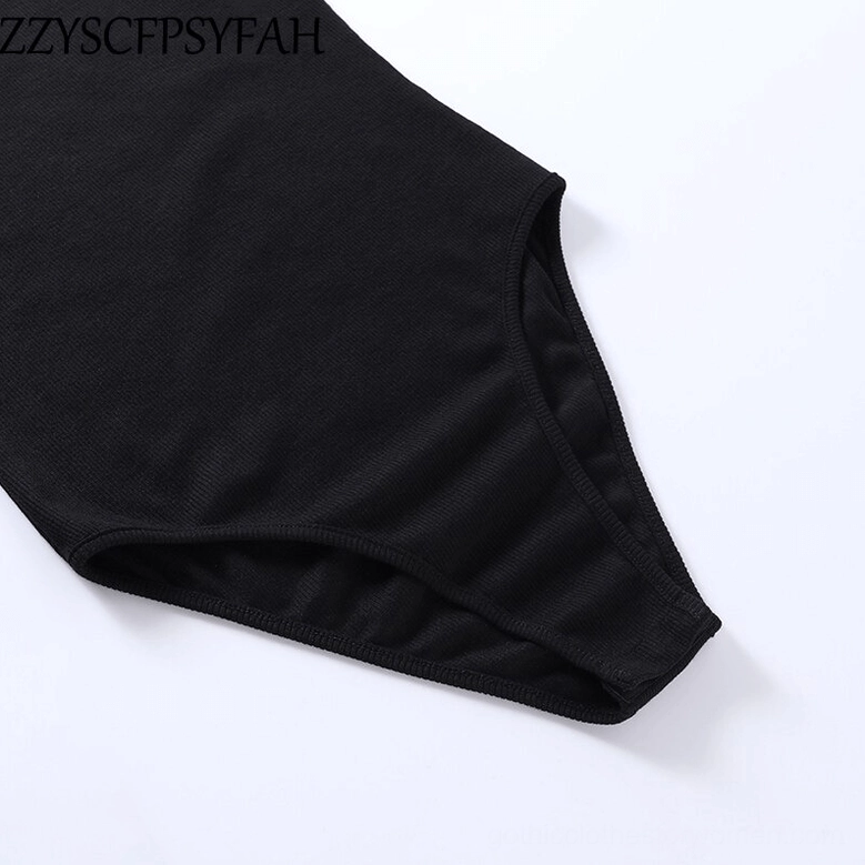 Black ribbed bodysuit bottom thong-cut section close-up detail shot