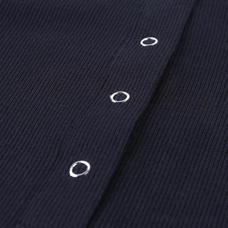 Long-sleeve black ribbed gothic bodysuit detail shot highlighting quality button hardware and fabric texture