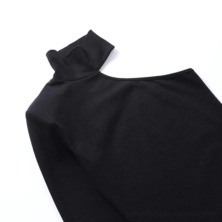 Black asymmetrical bodysuit flat lay showing one-sleeve turtleneck design top view