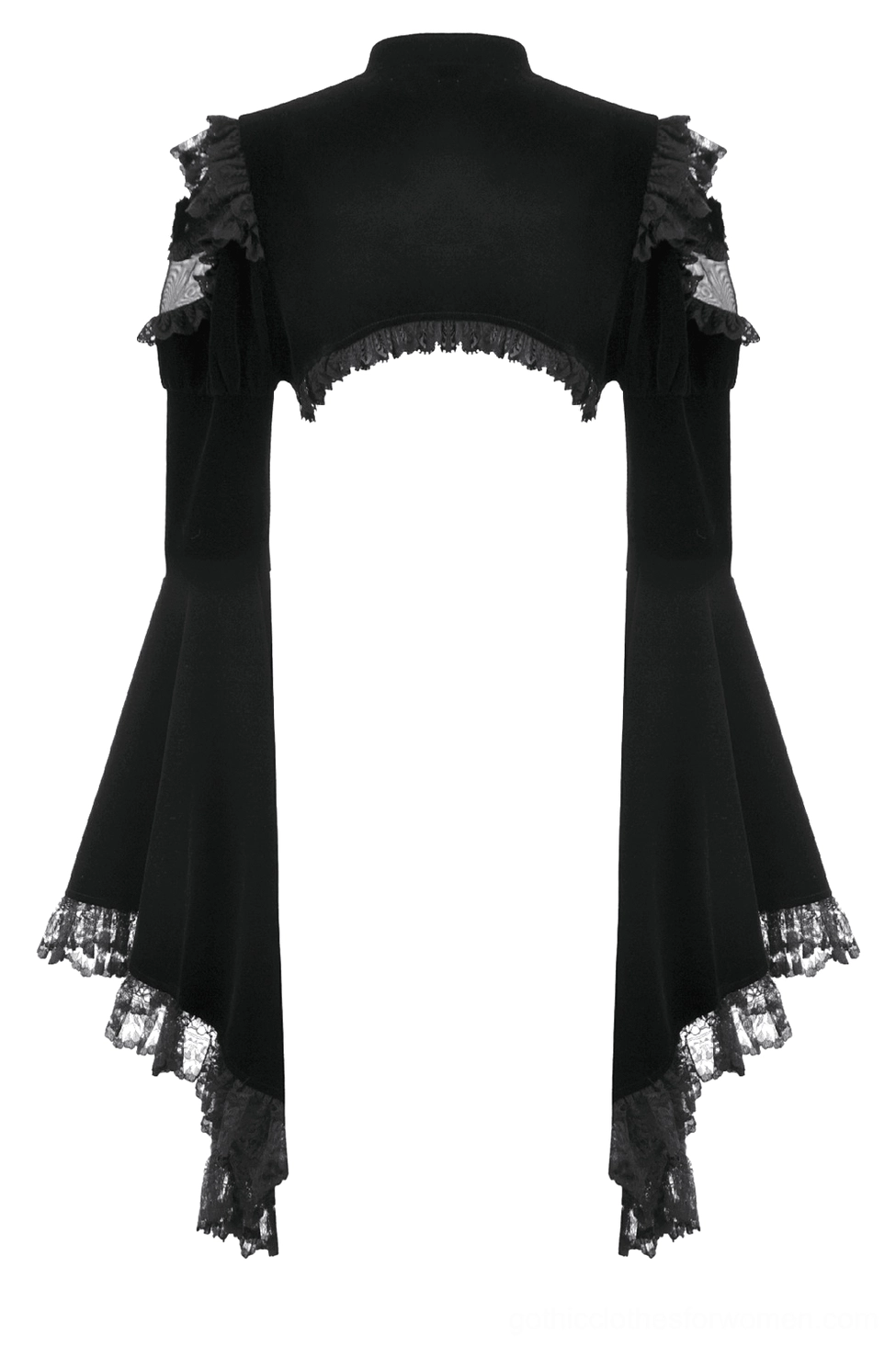Black gothic bolero shrug back flat lay displaying stand collar, ruffled lace shoulder trim, and flared bell sleeve construction