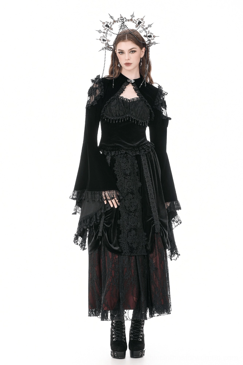 Black velvet bolero shrug front detail showing open-front design, cape-inspired neckline, and premium lace detailing