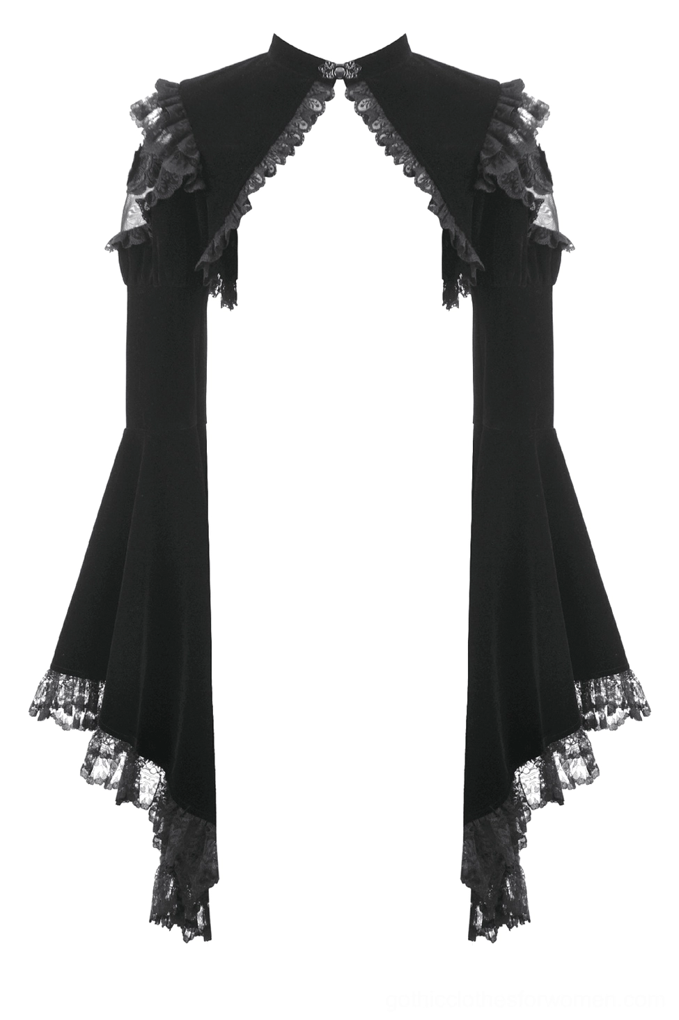 Black velvet lace bell sleeve bolero shrug front flat lay displaying full silhouette, dramatic flared sleeves, and refined gothic construction