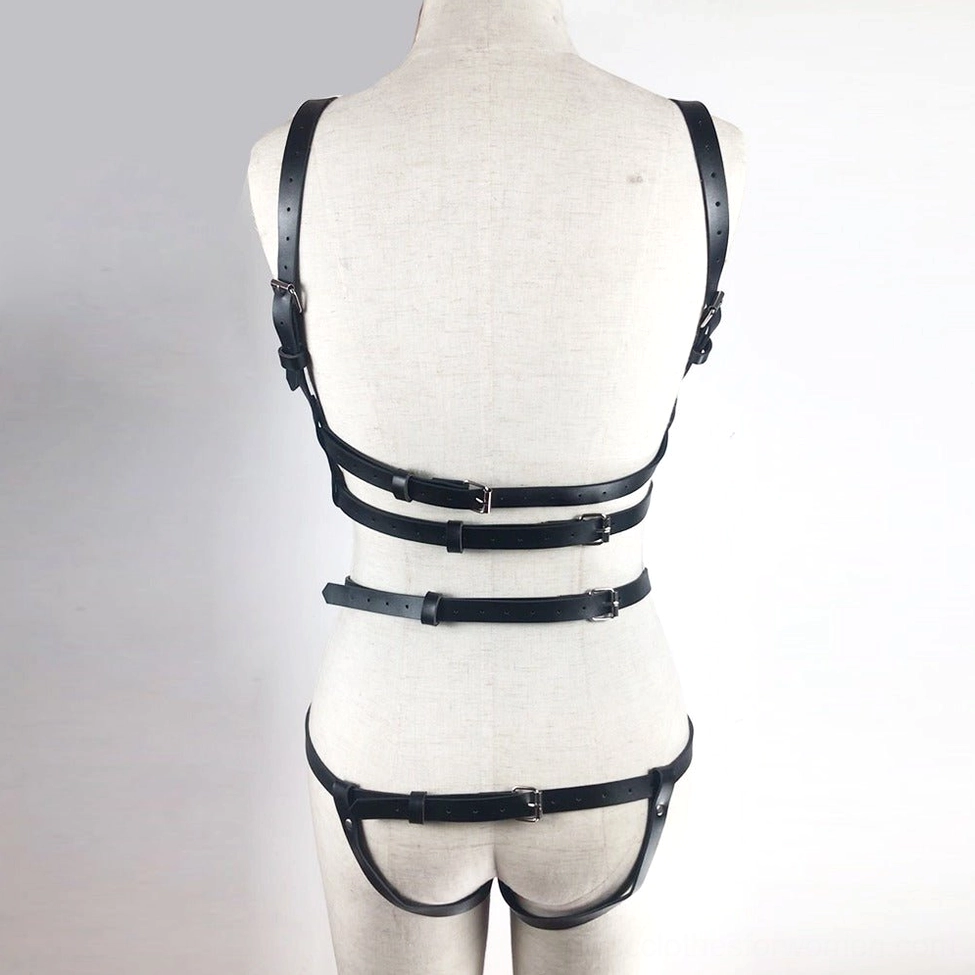 Black bondage body harness complete styling view on mannequin showing full-body geometric strap pattern