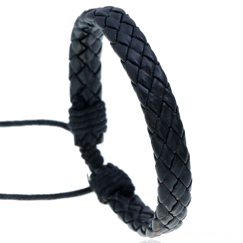 Black solid braided leather gothic bracelet with adjustable pull cord closure, front view on white background