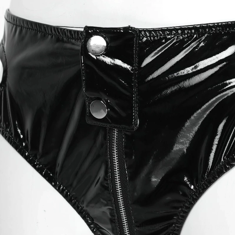 Close-up detail of dual metal snap buttons and front zipper hardware on black briefs