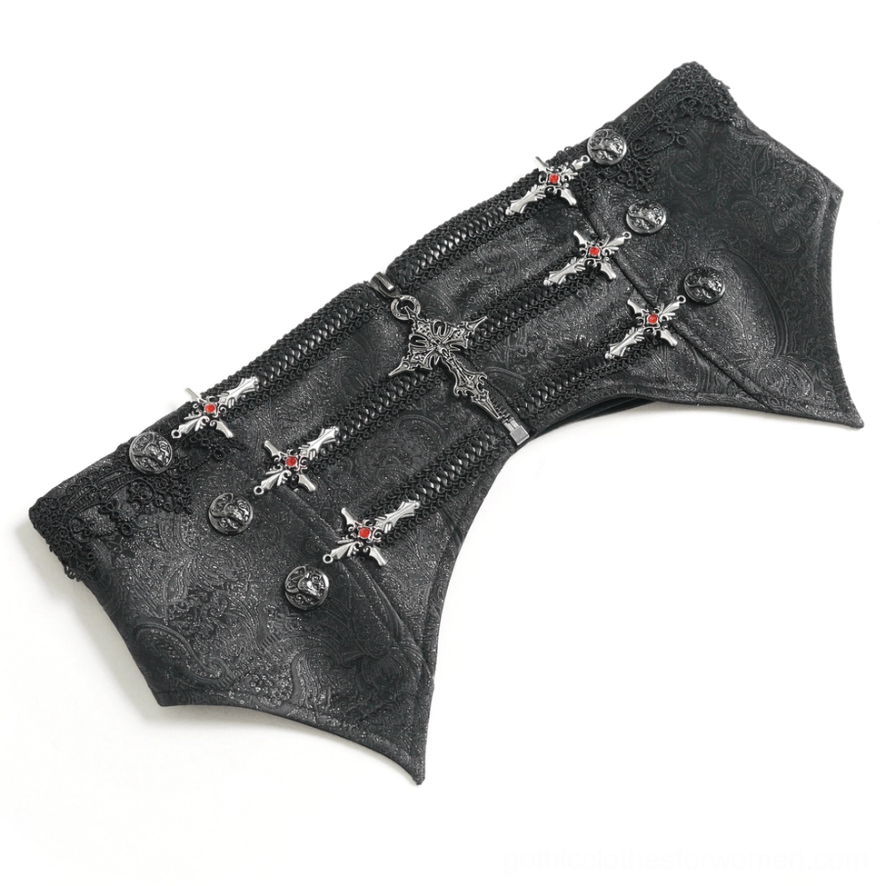 Front detail view of black brocade gothic corset belt showing cross charm placement and front design