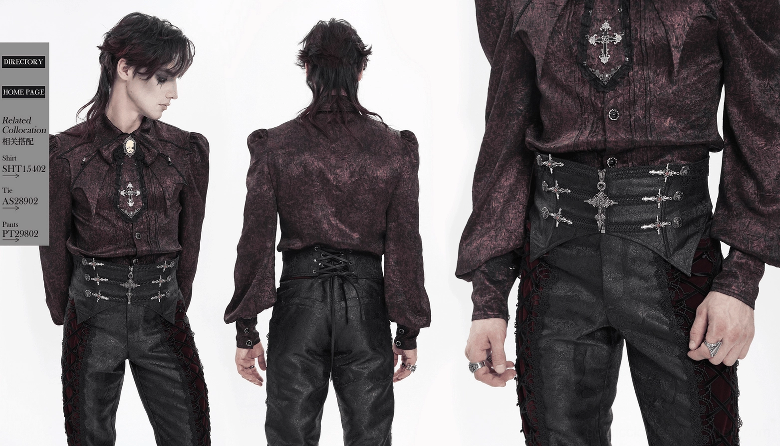 Angled close-up of black brocade gothic corset belt showcasing cross ornament arrangement and fabric texture