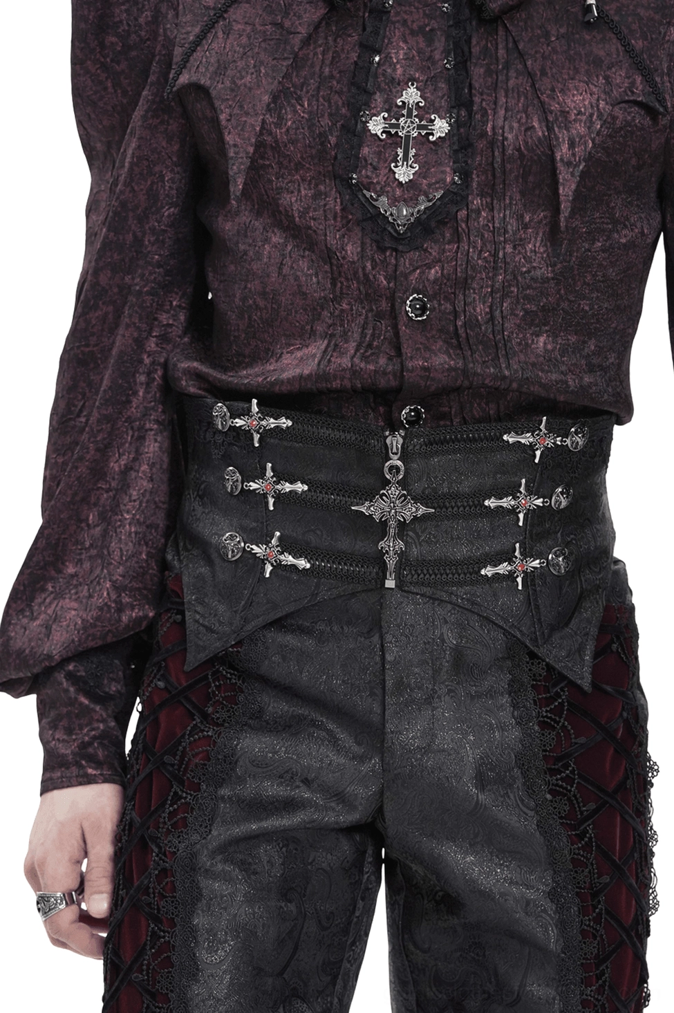 Black brocade gothic waist corset with silver cross ornaments worn on male model, front torso view with purple gothic shirt